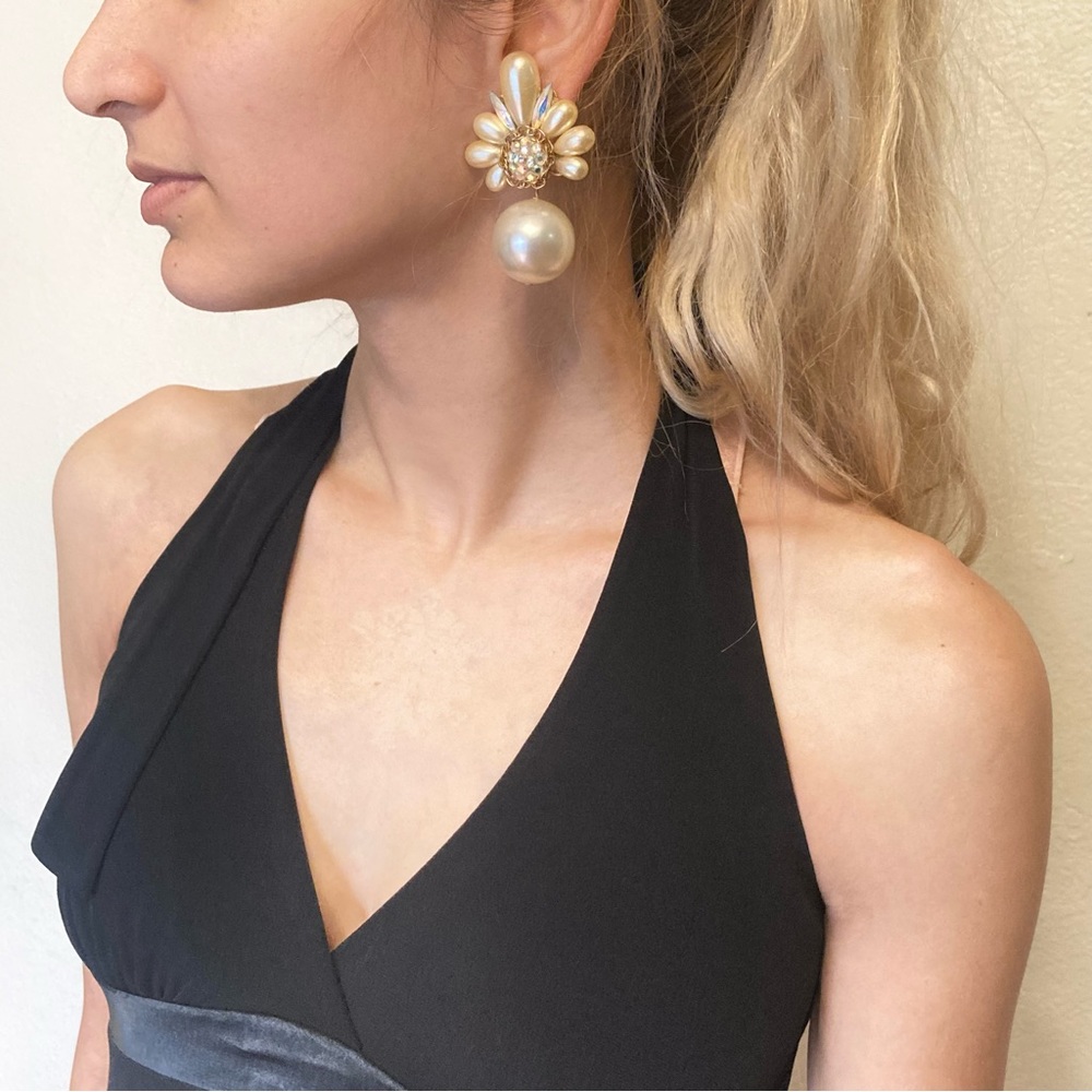 80's Unsigned Aurora Borealis Faux Pearl Statement Clip On Earrings